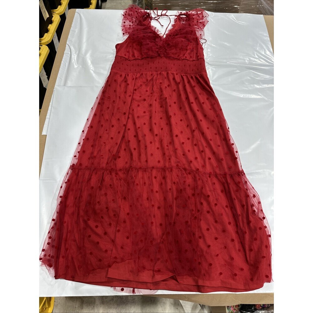 Adrianna Papell Midi Dress Women's 16 Red Polka Dot Ruffle Sheer A-Line CEB040